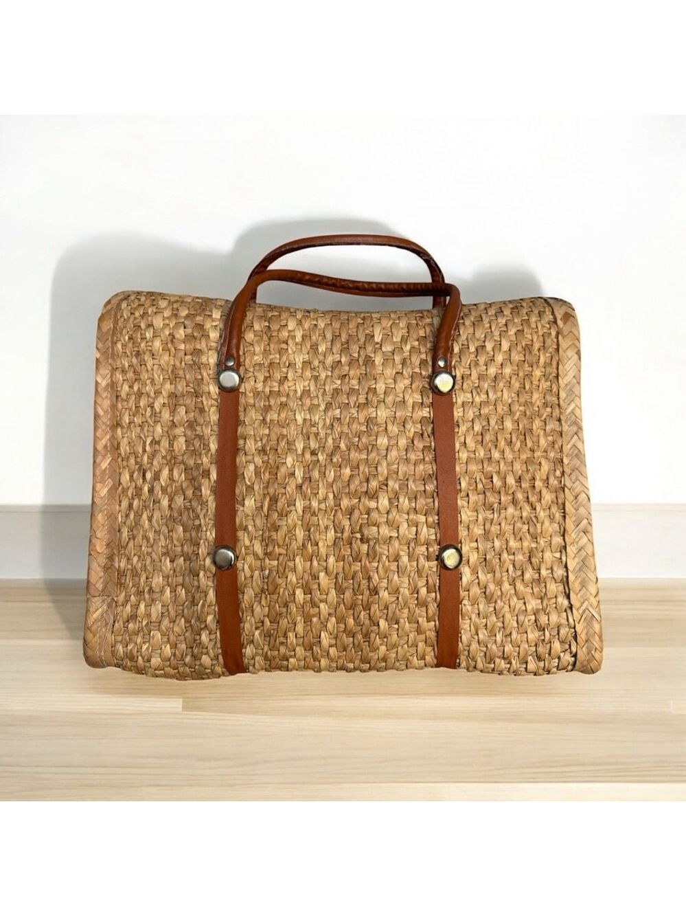 Women's Vintage 1970s Woven Straw Tote Bag Embroidered - Picture 2 of 6